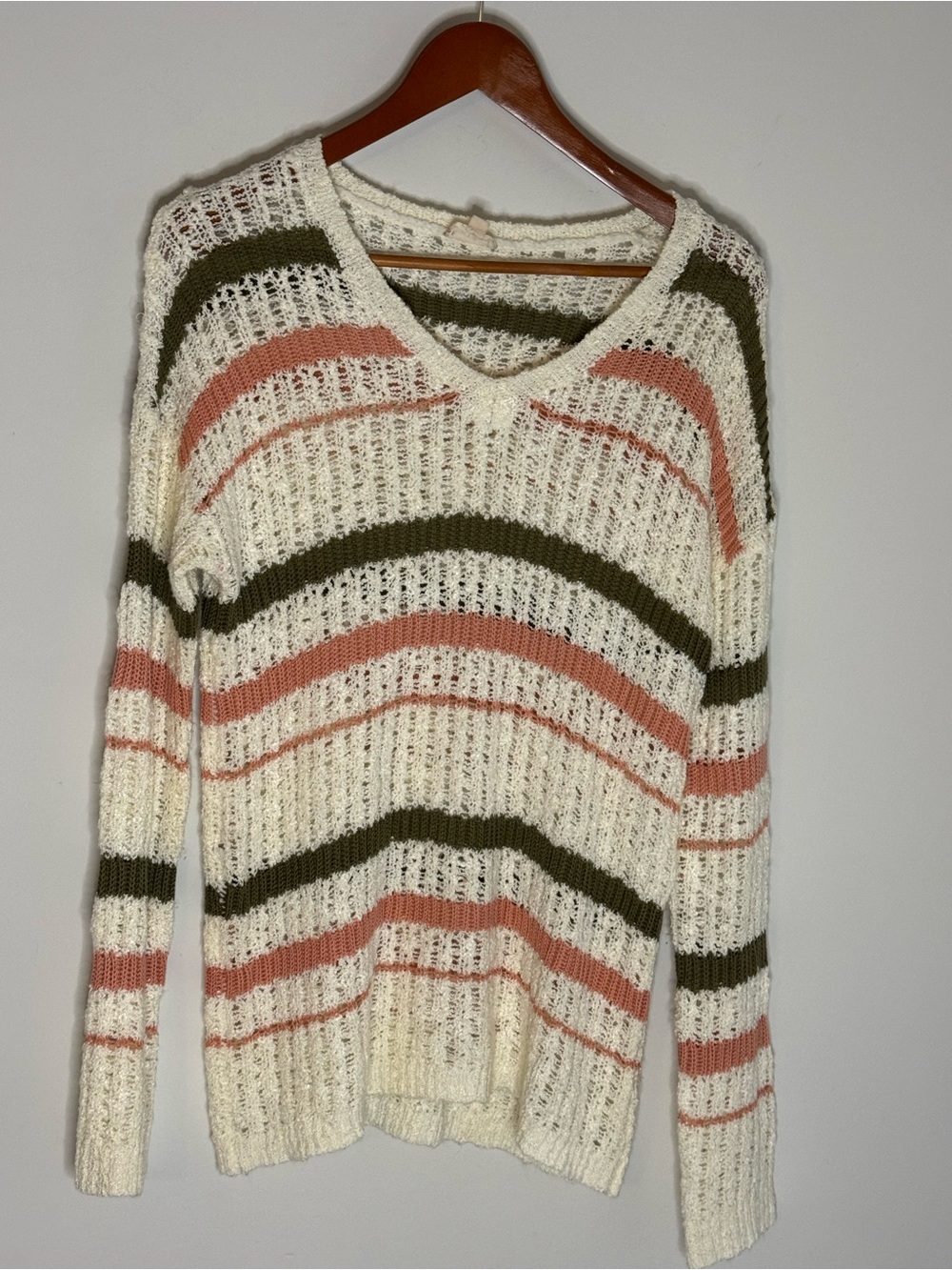 Hem & Thread Cream V-Neck Open Knit Sweater with Olive and Dusty Rose Stripes